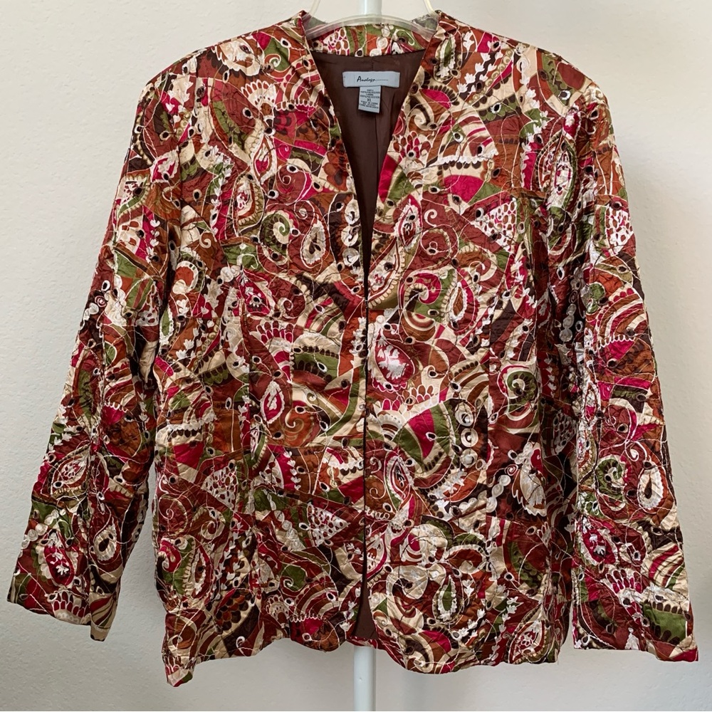 Analogy Blazer Jacket Women's Long‎ Sleeve Collarless Floral Multi Red Brown XL